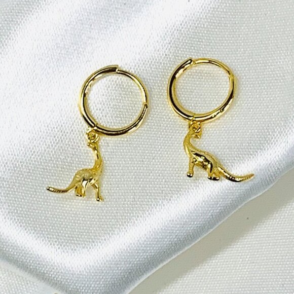 Gold-Plated 925 Sterling Silver Diplodocus Dinosaur Hoop Earrings 1"L - Picture 1 of 8